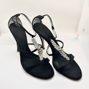 GIUSEPPE ZANOTTI Black Leather Satin Crystal Sandals Heels SZ 39.5